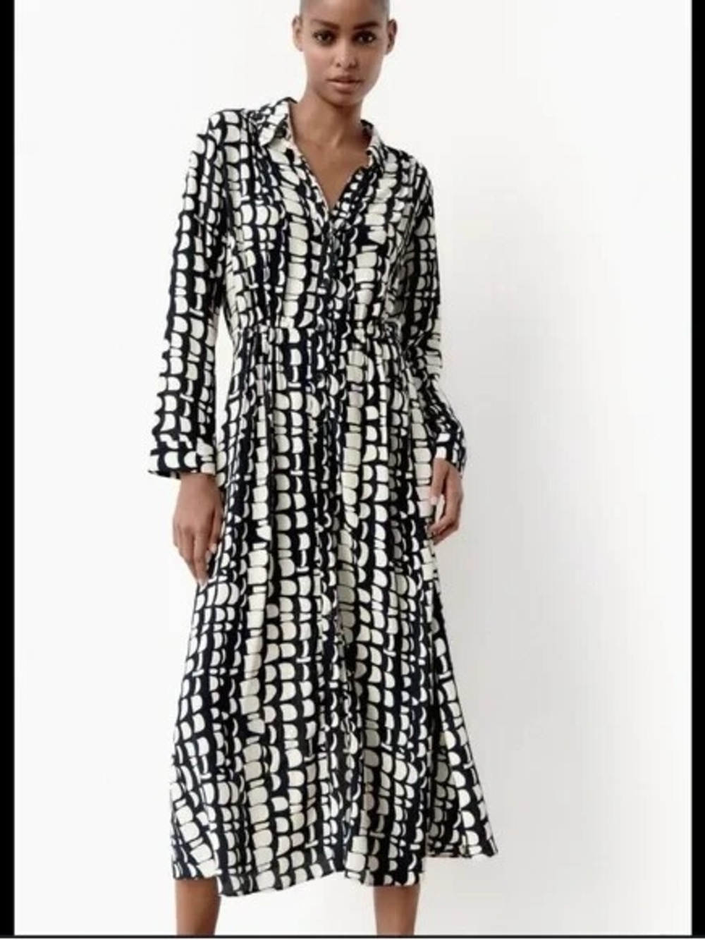Zara Black & White Printed Long Sleeve Shirt Dress